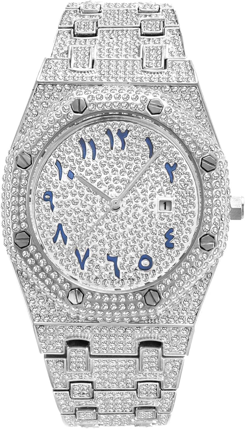 ICEDIAMOND CZ Diamond Charm Quartz Wrist Watch, Iced Out Bright Zircon Stones 43mm Calendar Dial Hip Hop Trend Jewelry Watch for Men (White)