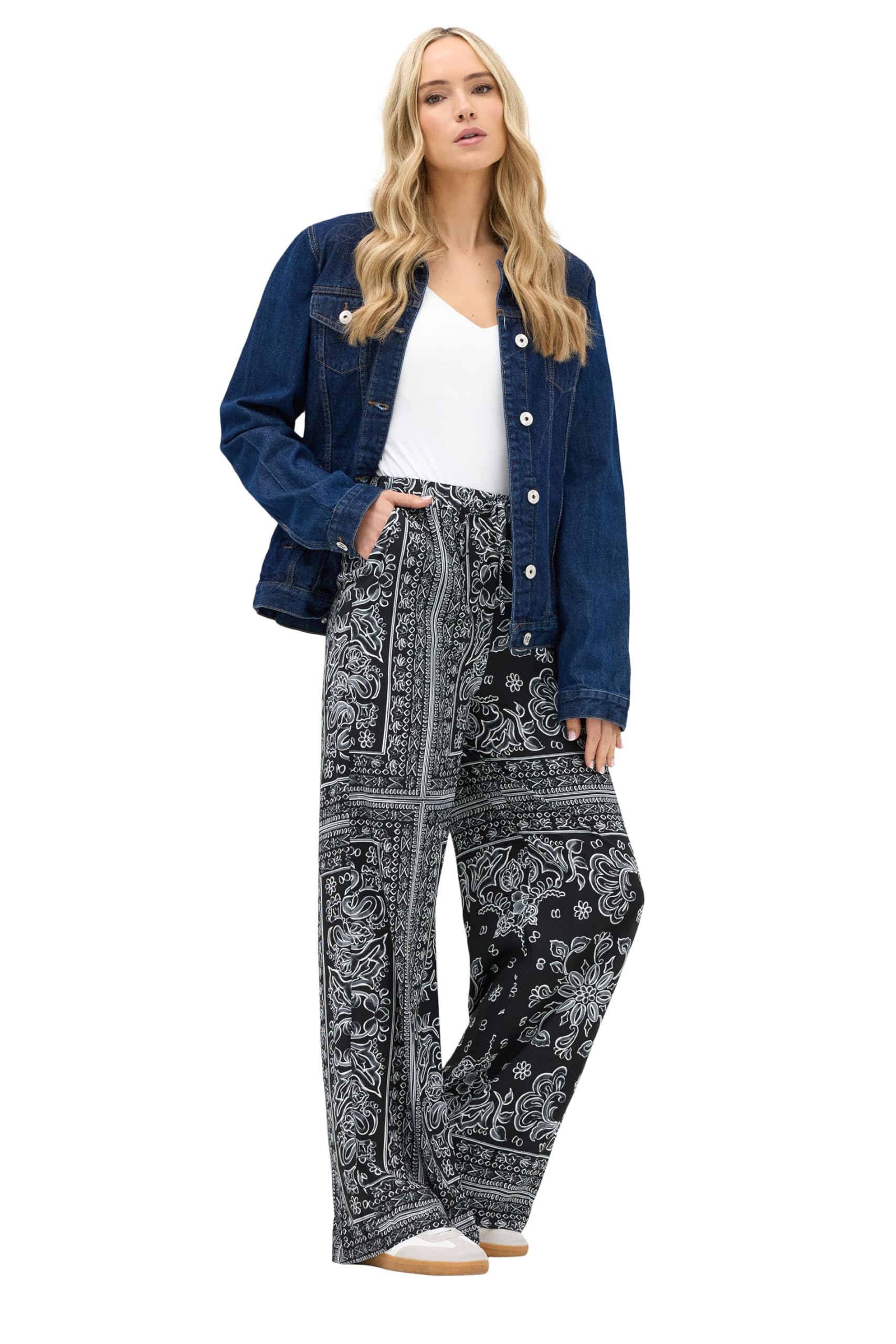 Long Tall Sally Tall Paisley Wide Leg Trousers Black - Elasticated Waistband - Drawstring Tie - Wide Leg Fit