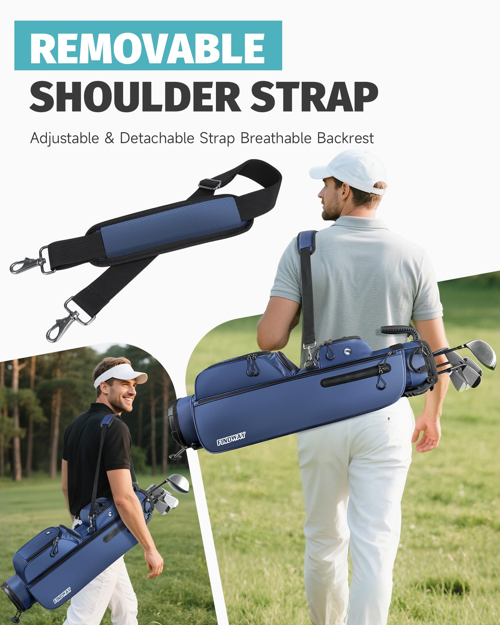 Findway Kleines Golfbag, Leichtes & Tragbares Golf Pencil Bag mit Standfuß, 3-Fach-Unterteilung, Verstellbarer Gepolsterter Trageriemen, 5 Taschen und Tragegriff, für Herren und Damen