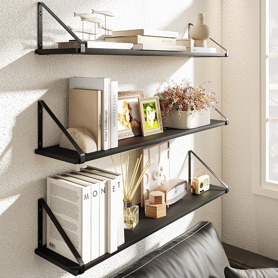 BAMEOS 91.4x19.5x1.2 CM Deeper Rustic Wood Floating Shelves - Set of 3, Wall Bookshelf for Living Room, Bedroom, Kitchen, Black Wall Decor Shelves, Large Storage Solutions
