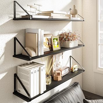 BAMEOS 91.4x19.5x1.2 CM Deeper Rustic Wood Floating Shelves - Set of 3, Wall Bookshelf for Living Room, Bedroom, Kitchen, Black Wall Decor Shelves, Large Storage Solutions