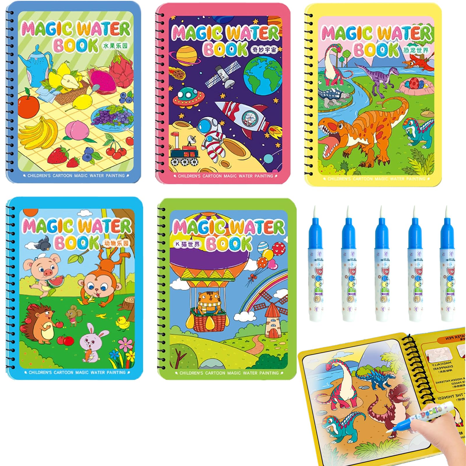 NYXTOB 5pcs Magic Water Book, Magic Water Painting Book, Paint with Water Books for Toddlers 1-3, 5 Painting Themes
