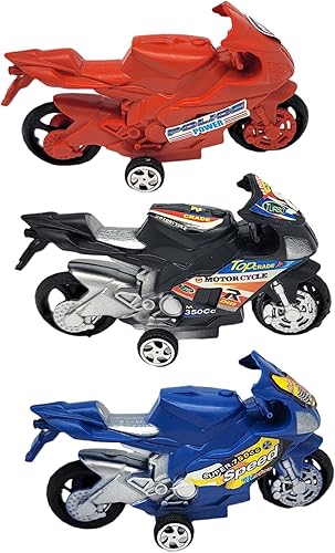 AMERICAN WIT Paquete de 12 motos de tracción (4,25 pulgadas) 12 bicicletas, varios colores: rojo, negro y azul. Plástico