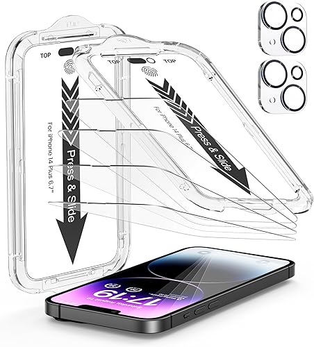 Paquete de 4 protectores de pantalla para iPhone 14 Plus 6.7 pulgadas con 2 protectores de lente de cámara, protección contra caídas película de