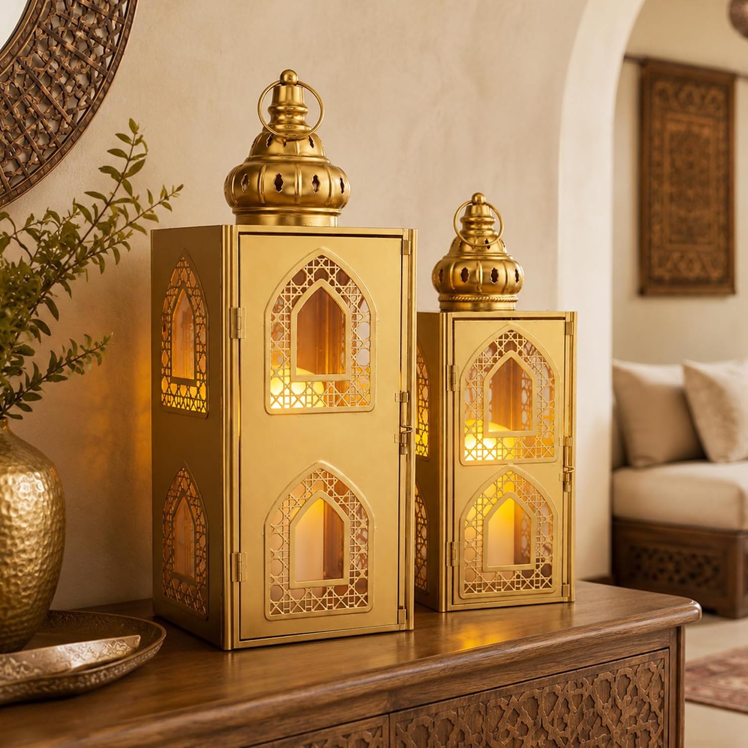 TRIROCKS 2 Pcs Gold Moroccan Lanterns, Decorative Candle Lanterns