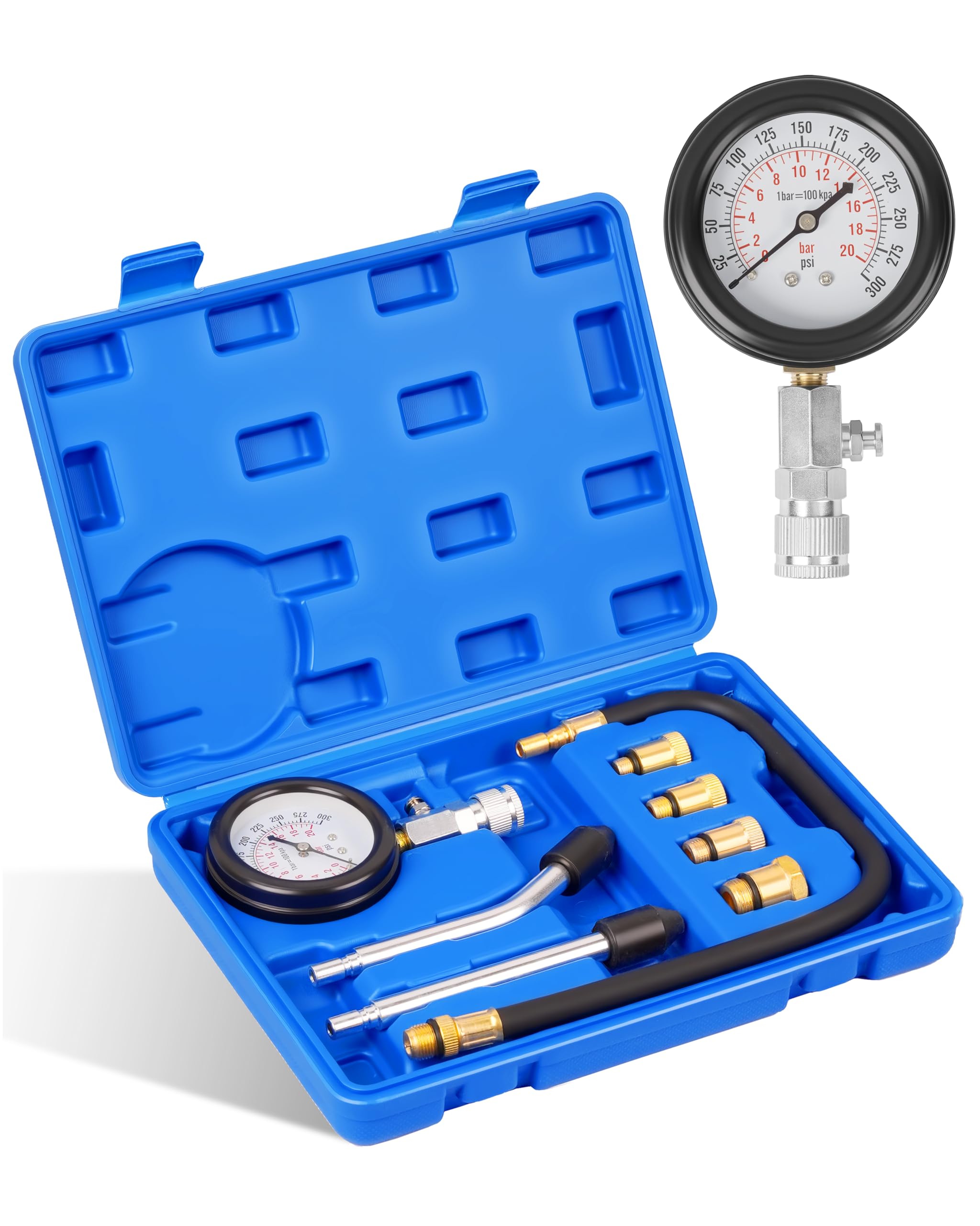 DAYUAN Testeur de Compression, Coffret de compressiomètre Set de compresseur pour Tous Moteurs Deux Kfz M10 M12 M14 M18 0-20 bar & 0-300 psi