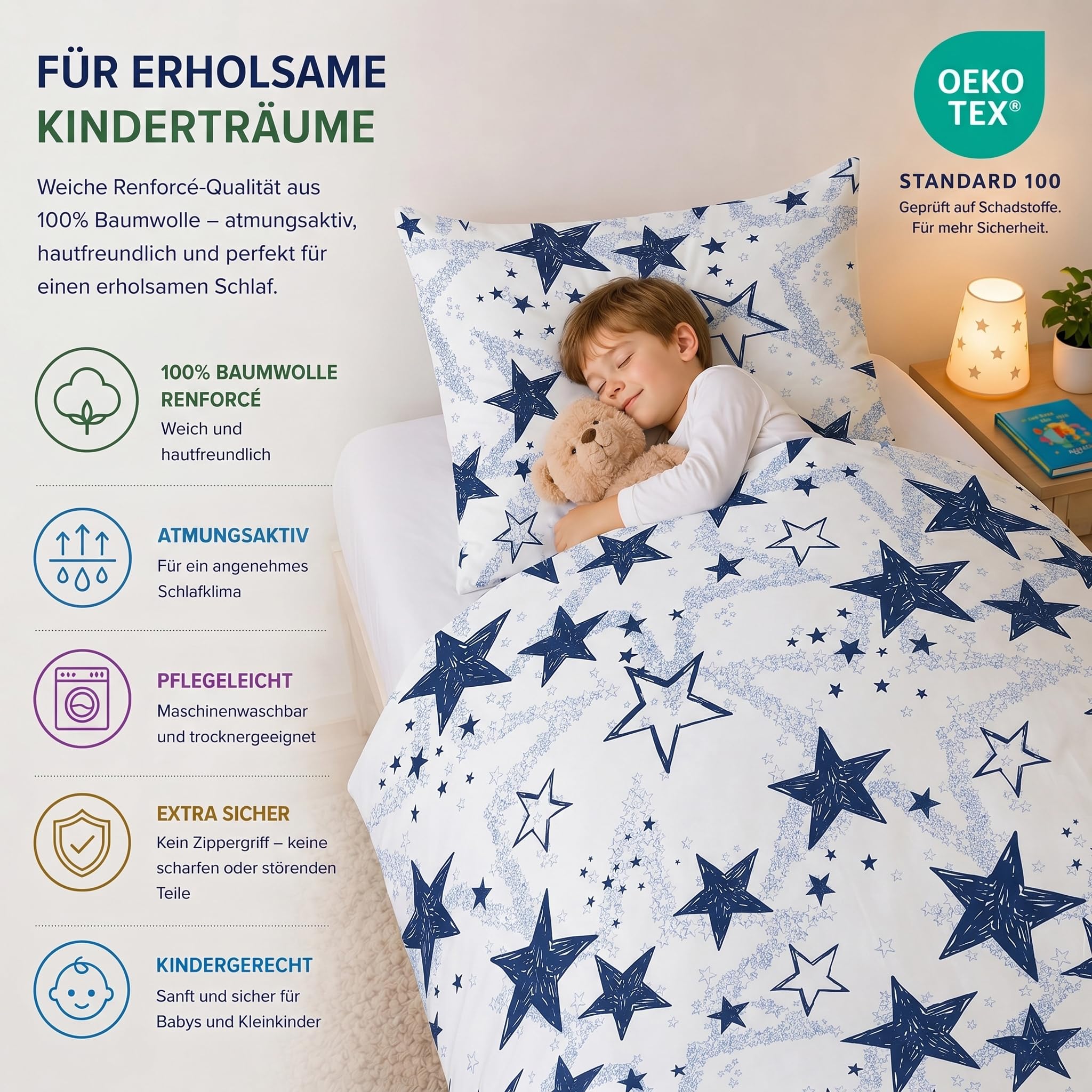 Buymax Kinderbettwäsche 135x200 cm – Sterne Dunkelblau, 100% Baumwolle Renforcé, 1x Bettbezug 135x200 cm & 1x Kissenbezug 80x80 cm, Oeko-TEX Standard 100, weich & atmungsaktiv, mit Reißverschluss