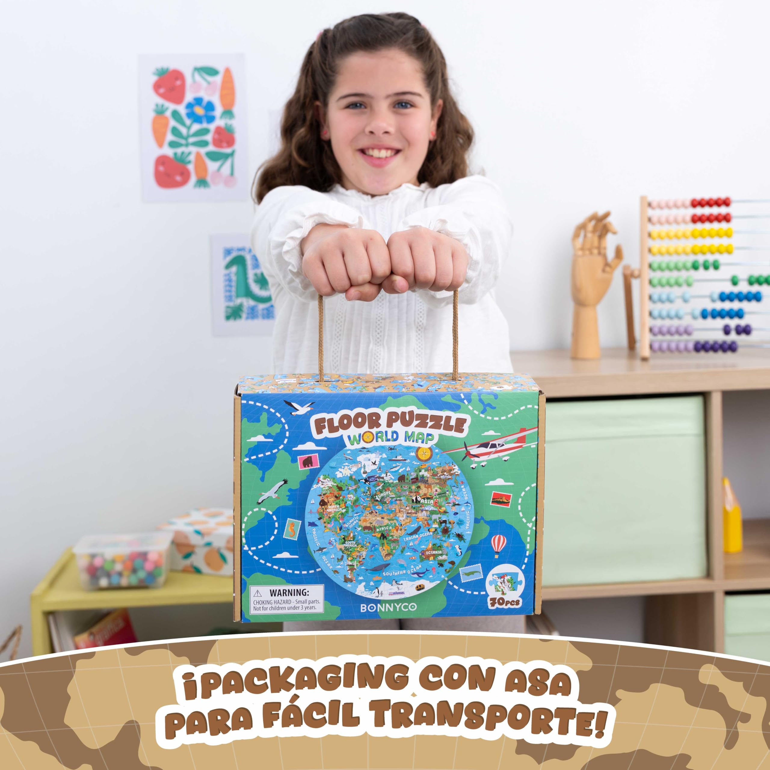 BONNYCO Puzzle XXL Mapa Mundi Niños con 70 Piezas Grandes. Rompecabezas Redondo con Animales, 58 x 58 cm, 15 Tarjetas, 4 Figuras y Guía. Juegos Educativos, Regalos, Juguetes Niños 4 Años