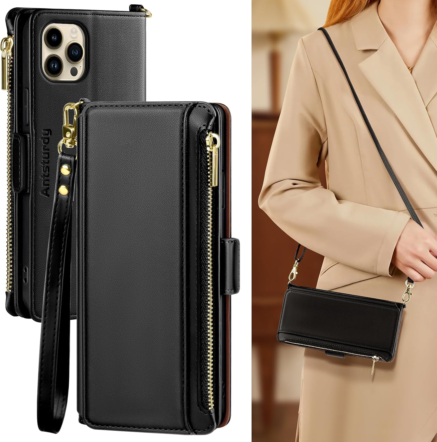 Antsturdy Compatible with iPhone 11 Pro Max Wallet Case for Women【RFID Blocking】 Crossbody Phone Case PU Leather Zipper with Wrist Strap Flip Cover Credit Card Holder for Apple 11 Pro Max,Black