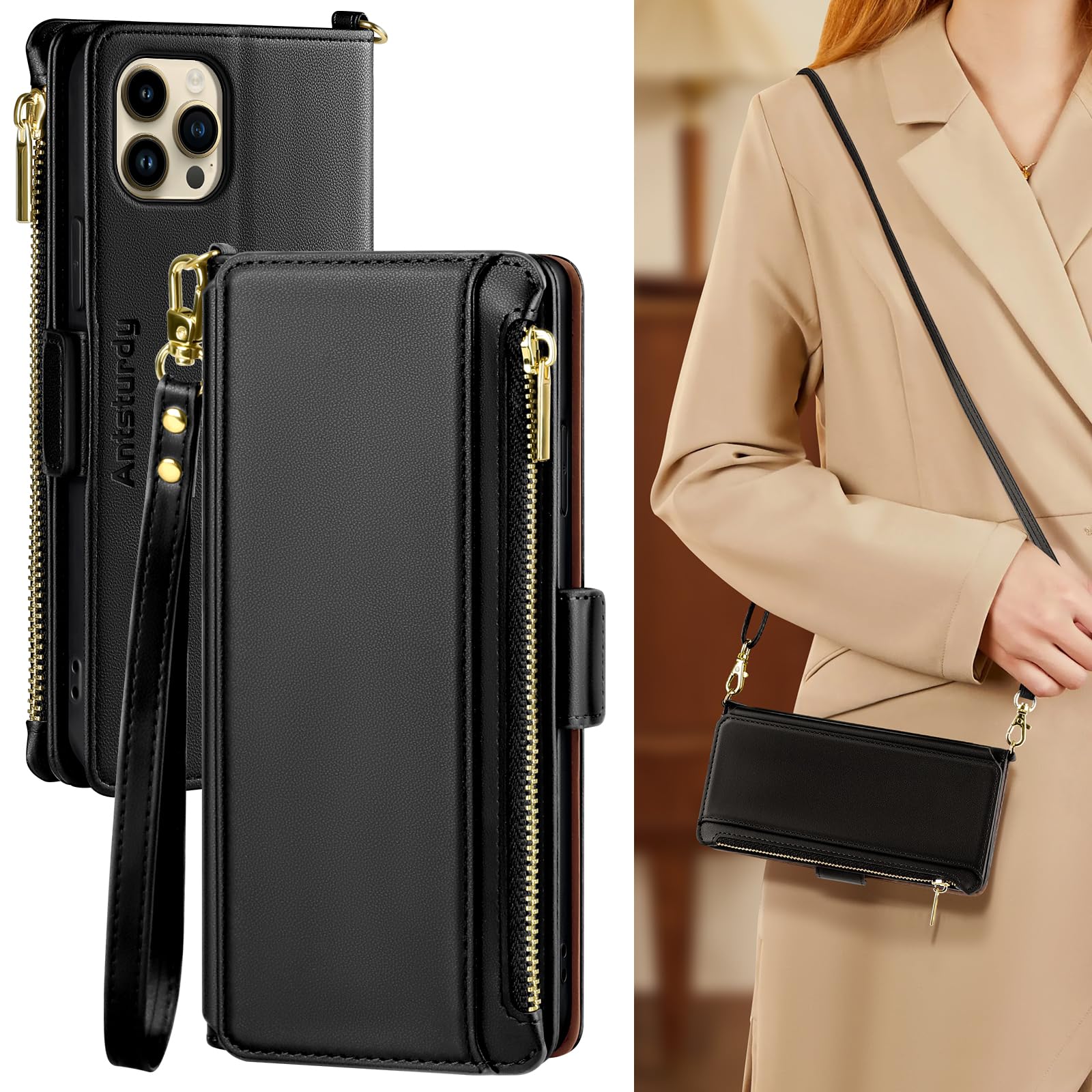 Antsturdy Compatible with iPhone 11 Pro Max Wallet Case for Women【RFID Blocking】 Crossbody Phone Case PU Leather Zipper with Wrist Strap Flip Cover