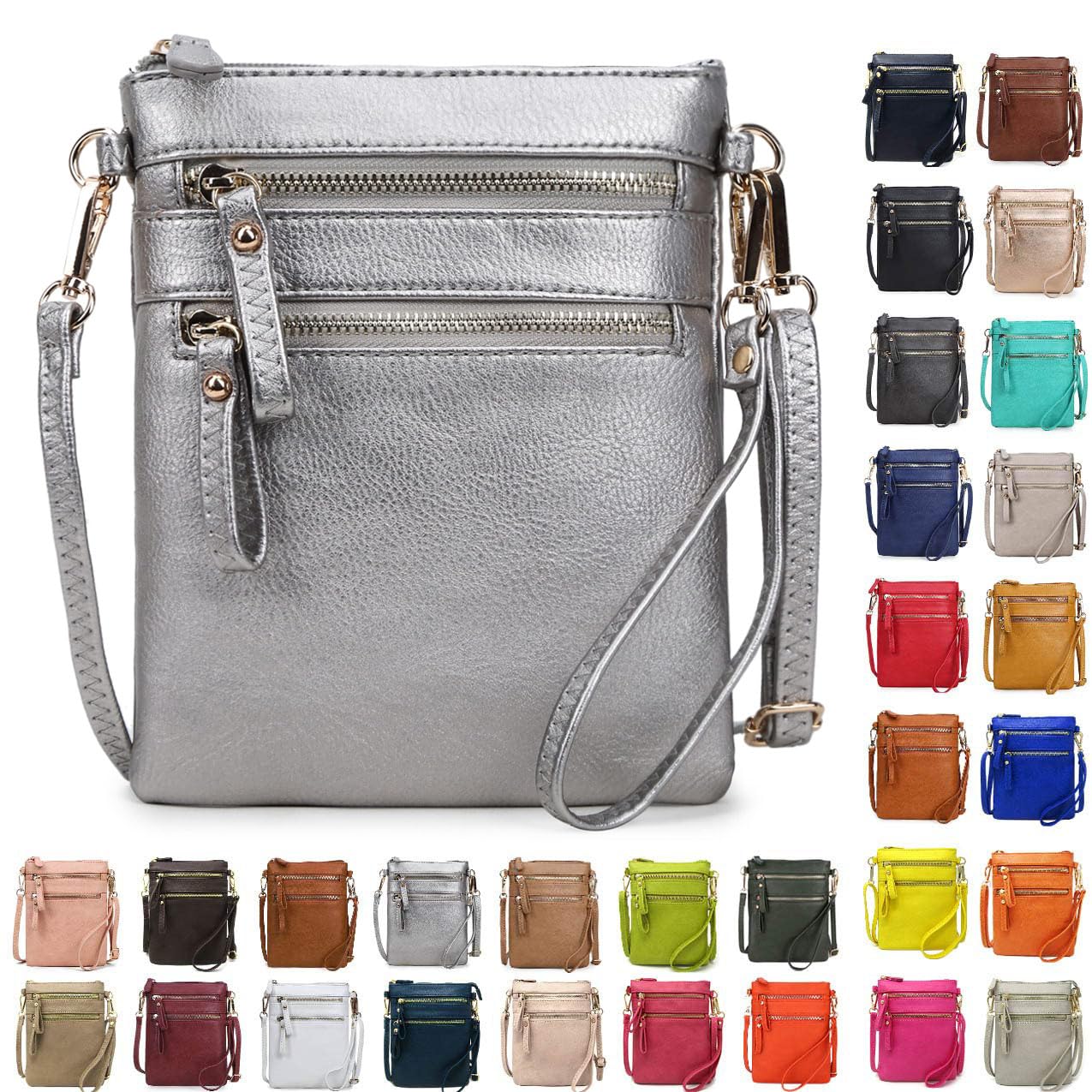 Solene Women's Faux Leather Organizer Multi Zipper Pockets Handbag With Detachable Wristlet Crossbody Bag-WU002(Light Pewter)