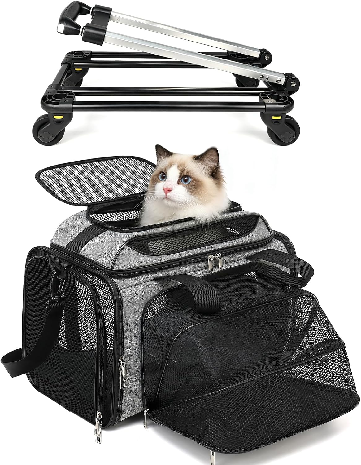Cozy Cruiser Pet Carrier with Wheels for Small Dog and Cat,TSA Airline Approved, Expandable Space, Soft-Sided & Collapsible Design,4-Wheeled Rolling Travel Bag with Telescopic Handle