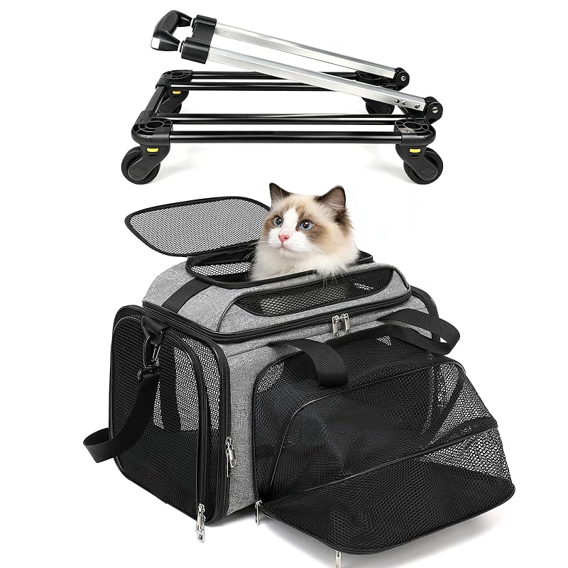 Caixa de Transporte Flexível com Rodas para Cães e Gatos Pequenos PLJVOYK, Expansível e Dobrável, Bege