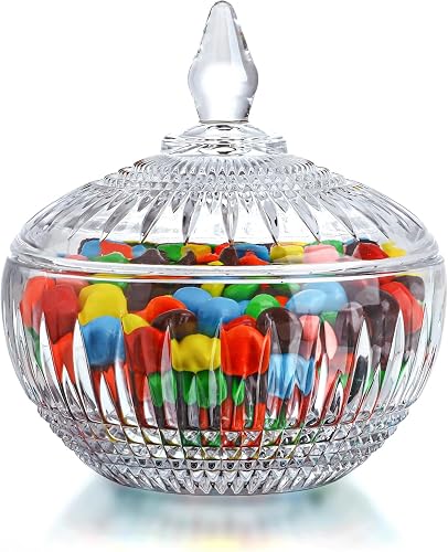 600ml/21oz Large Glass Candy Dish with Lid, Crystal Candy & Cookie Jar | Clear Covered Candy Bowl, Decorative Glass Jar for Wedding Buffet Party, Christmas, Home Decoration, Dishwasher Safe