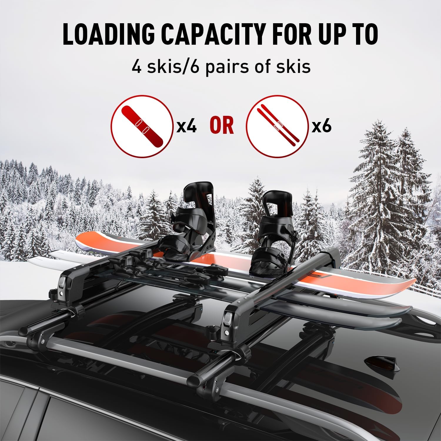 Ski & Snowboard Rack for Car Roof, 27.5'' Loading Width Fits 6 Pairs of Skis or 4 Snowboards, Aluminum Roof Rack with Lock & Rubber Padding