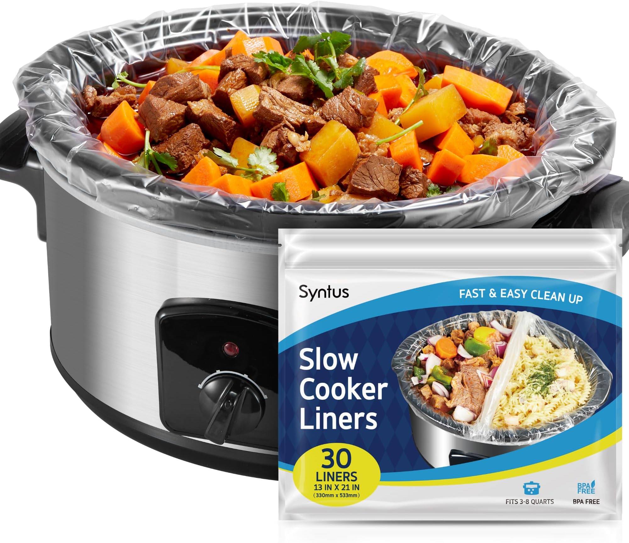 Syntus Crock Pot Liners, 30 Count 13" x 21" Large Size Slow Cooker Liners Fits 3-8 Quart Pots, Disposable Cooking Bags Suitable for Oval & Round & Retangular Crock Pot