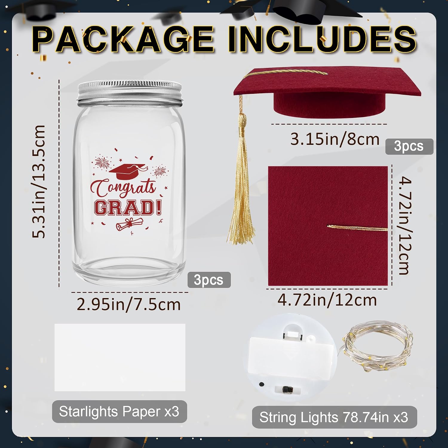 Condition photo showing New/Like New for 3 sets 2026 graduation centerpieces for tables, glowing mason jar centerpieces with graduation caps, glowing money jars for college high school congrats grad party decor supplies (maroon) maroon 3pcs