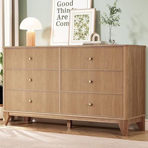 INNOD Fluted 6 Drawers Dresser, 54" Wide Modern Chest of Drawers with Round Corners, Wooden Dresser TV Stand, Wood Drawer Organizer for Bedroom, Living Room, Hallway
