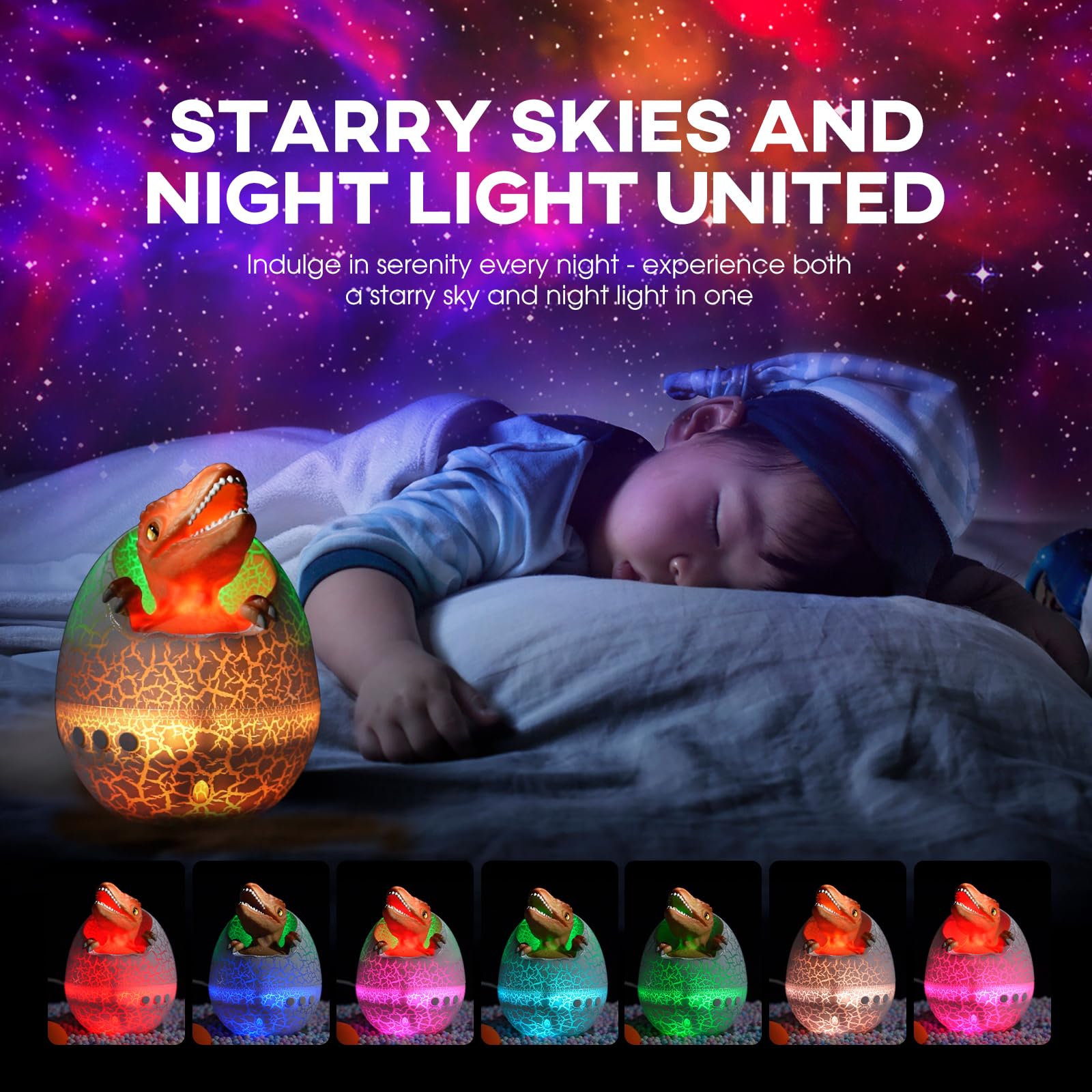 Dinosaur Egg Night Light Projector – Galaxy Star Projector With 21 Slides, 8 Sounds, 360° Rotation, 3 Colors (Music)