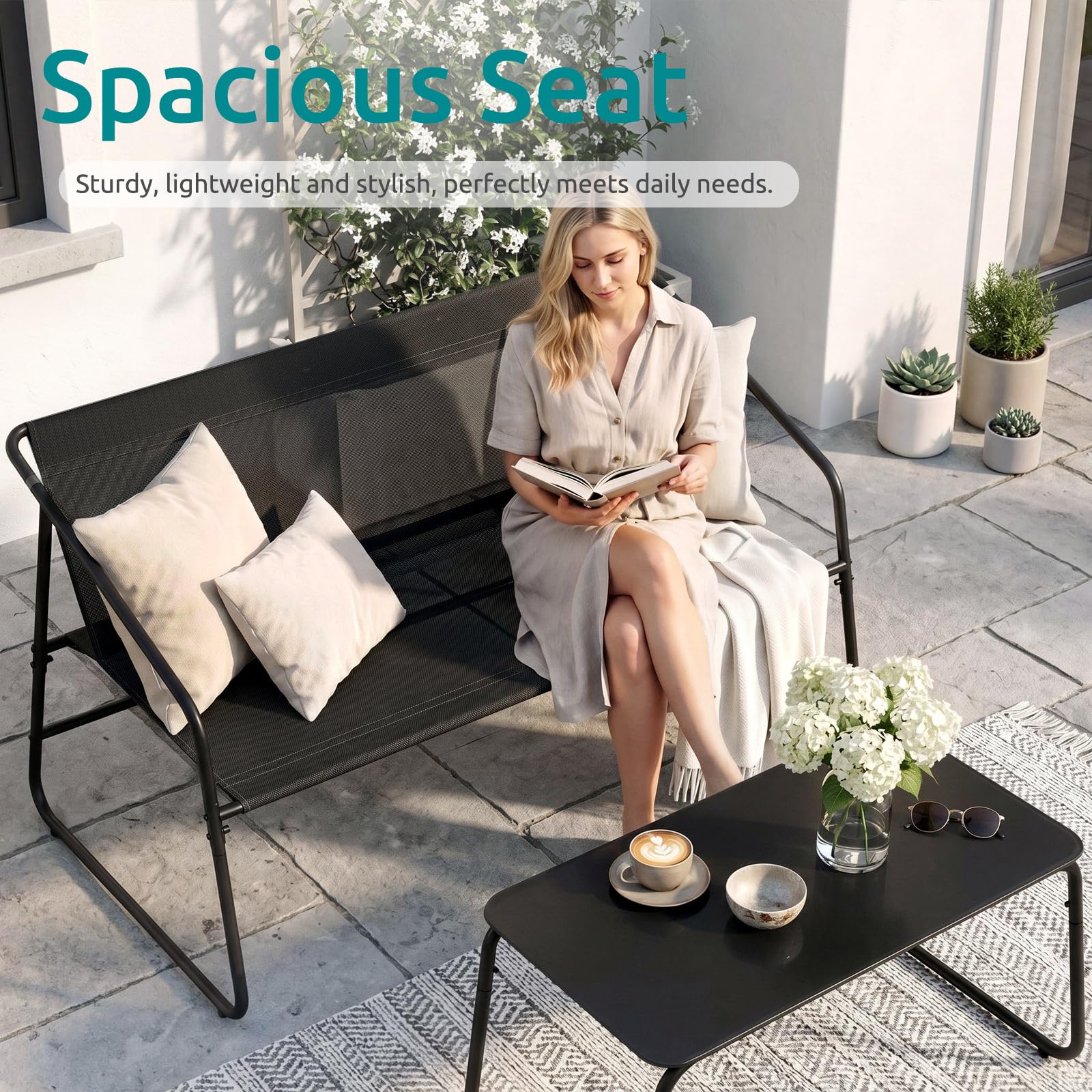LIFERUN Salon de Jardin 4 Pièces pour 4 Personnes, Ensemble Outdoor en Tissu Textilène avec Canapé, 2 Fauteuils et Table Basse, Résistante aux Intempéries, pour Balcon Terrasse Jardin, Noir