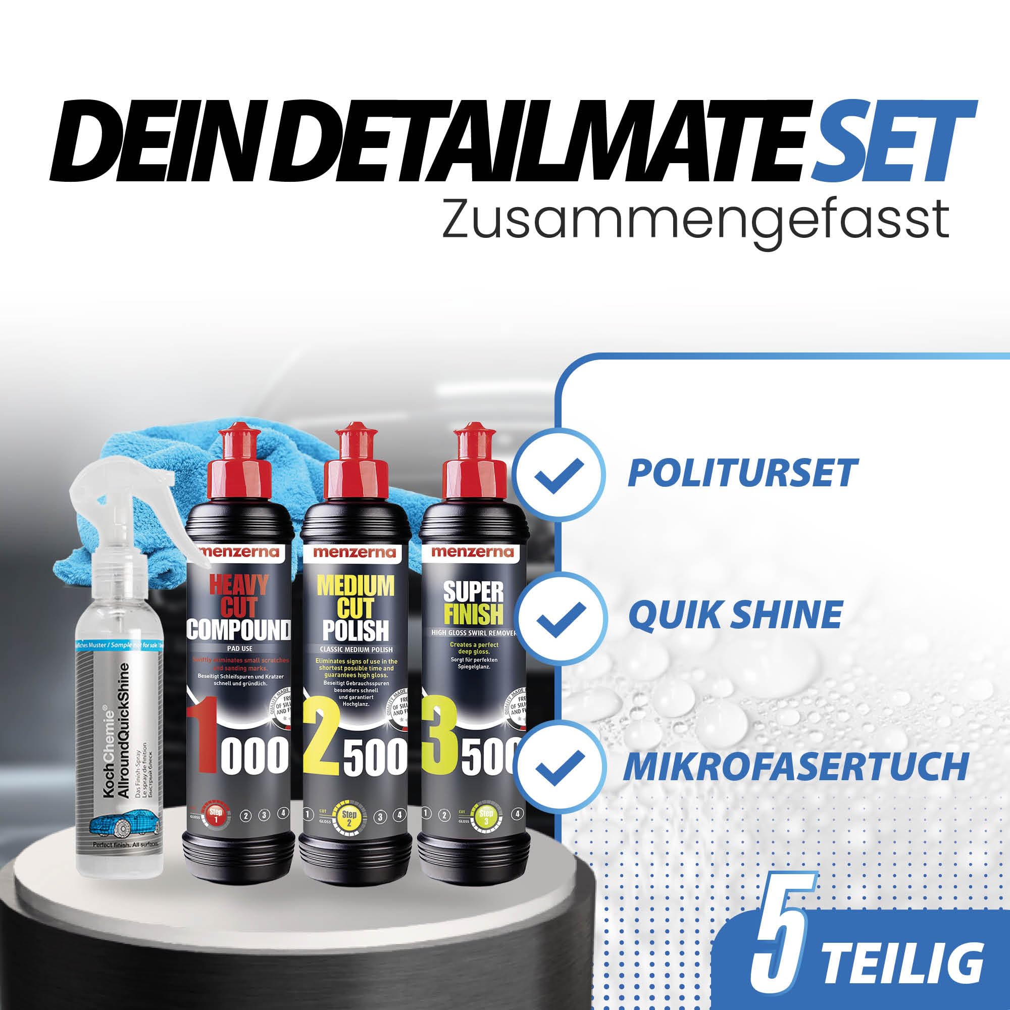 detailmate Menzerna Auto Polituren Set: Menzerna: Heavy Cut Compound 1000 + Medium Cut Polish 2500 + Super Finish 3500 + Koch Chemie AllroundQuickShine 140ml + detailmate Mikrofasertuch 550GSM