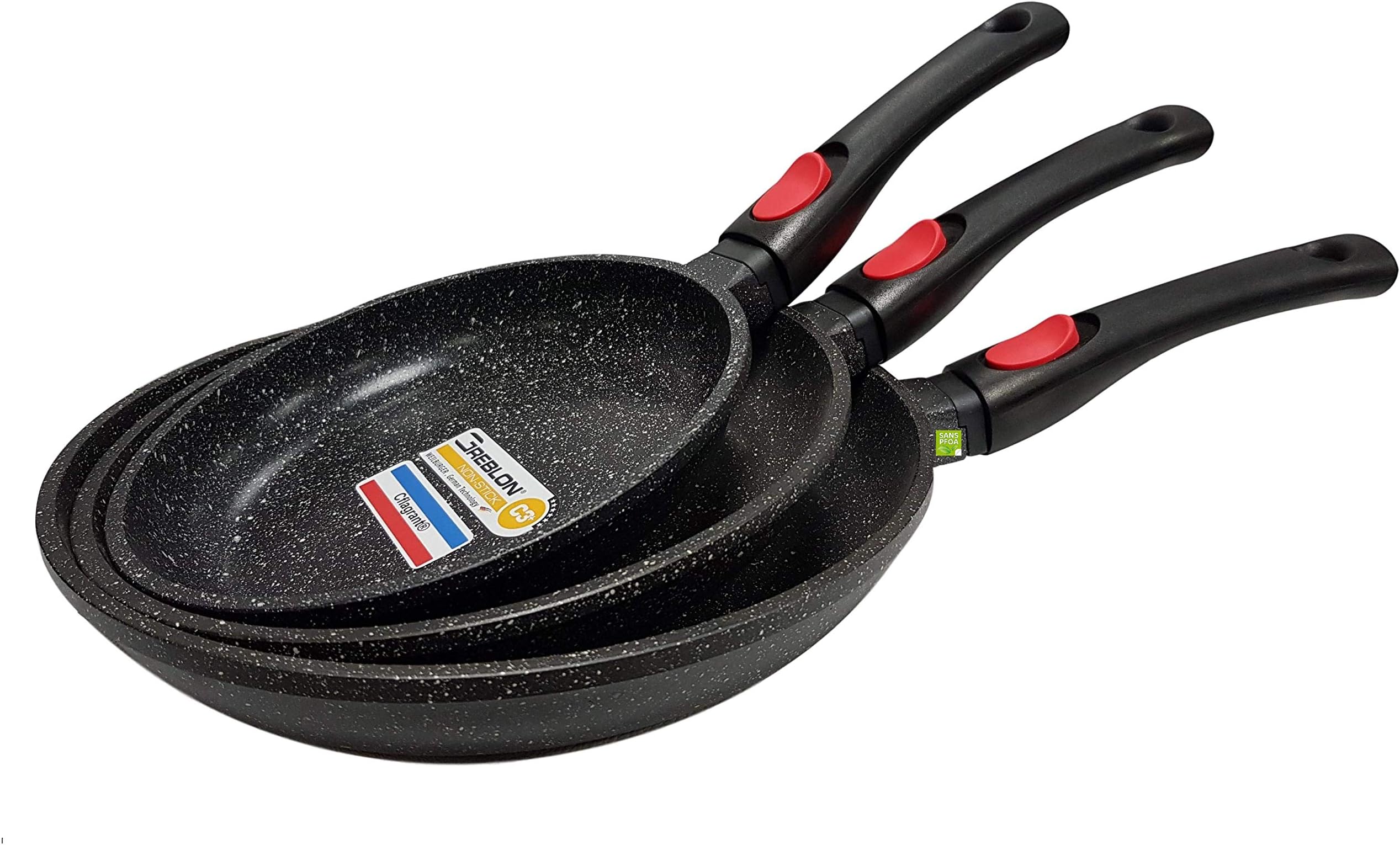 Cflagrant® Set of 3 Stoneware Pans without PFOA (Perfluorooctanoic Acid) Diameter:20/24/28 cm. Compatible with all heat sources. Greblon C3 coating suitable for 100% induction fat free cooking + German technology.