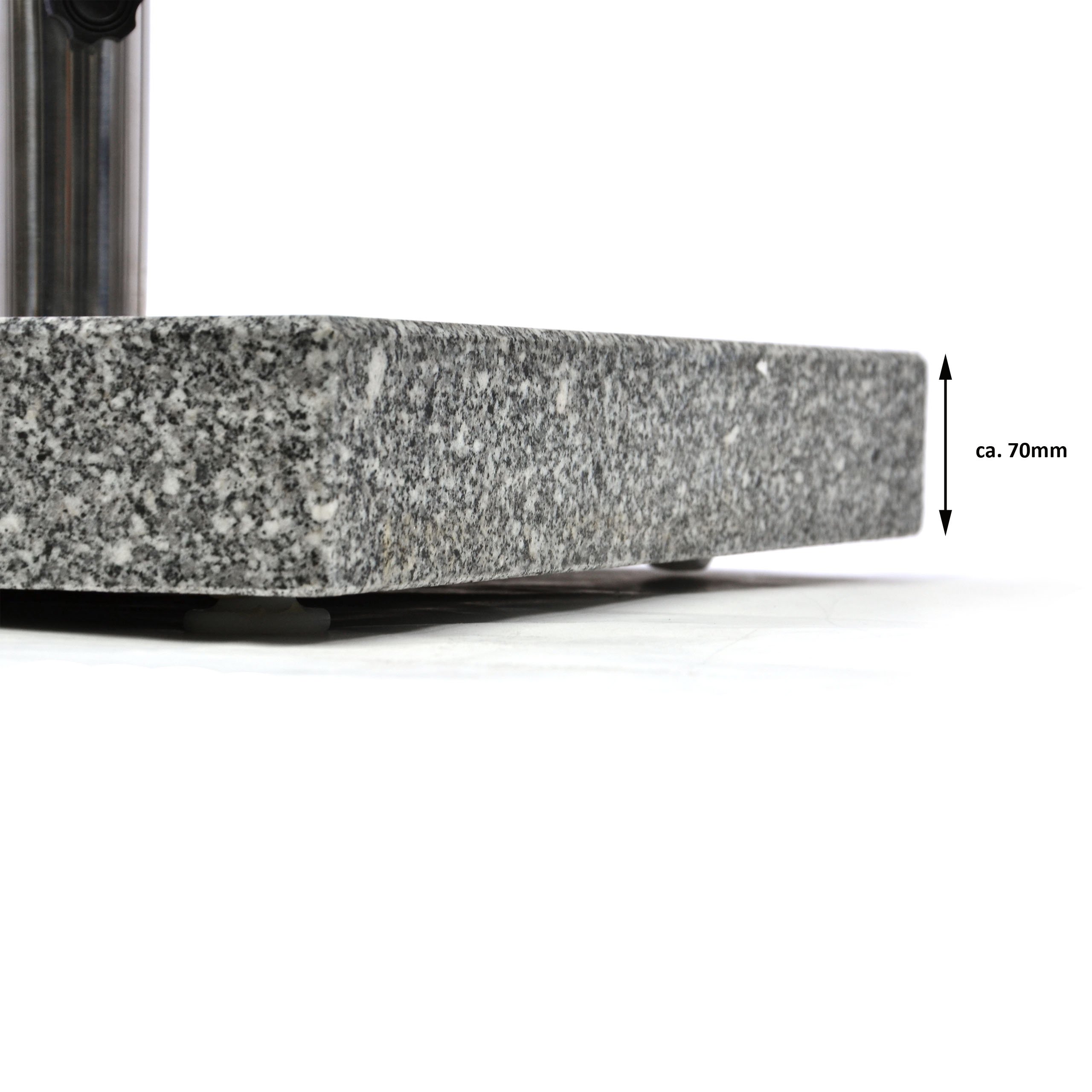 NEXOS Eckiger Sonnenschirmständer aus Granit - Farbe: grau meliert - 50 kg | mit Griff + Rollen + Reduzierhülsen, Edelstahlrohr poliert 50 x 50 cm - Für Schirme bis 4 m