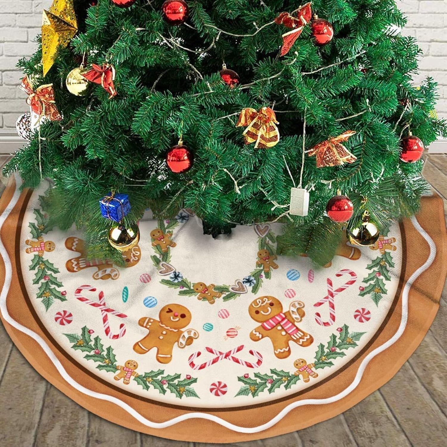 Jupe de Sapin de Noël 120 cm Bonhomme en Pain d'épice Corde Rouge