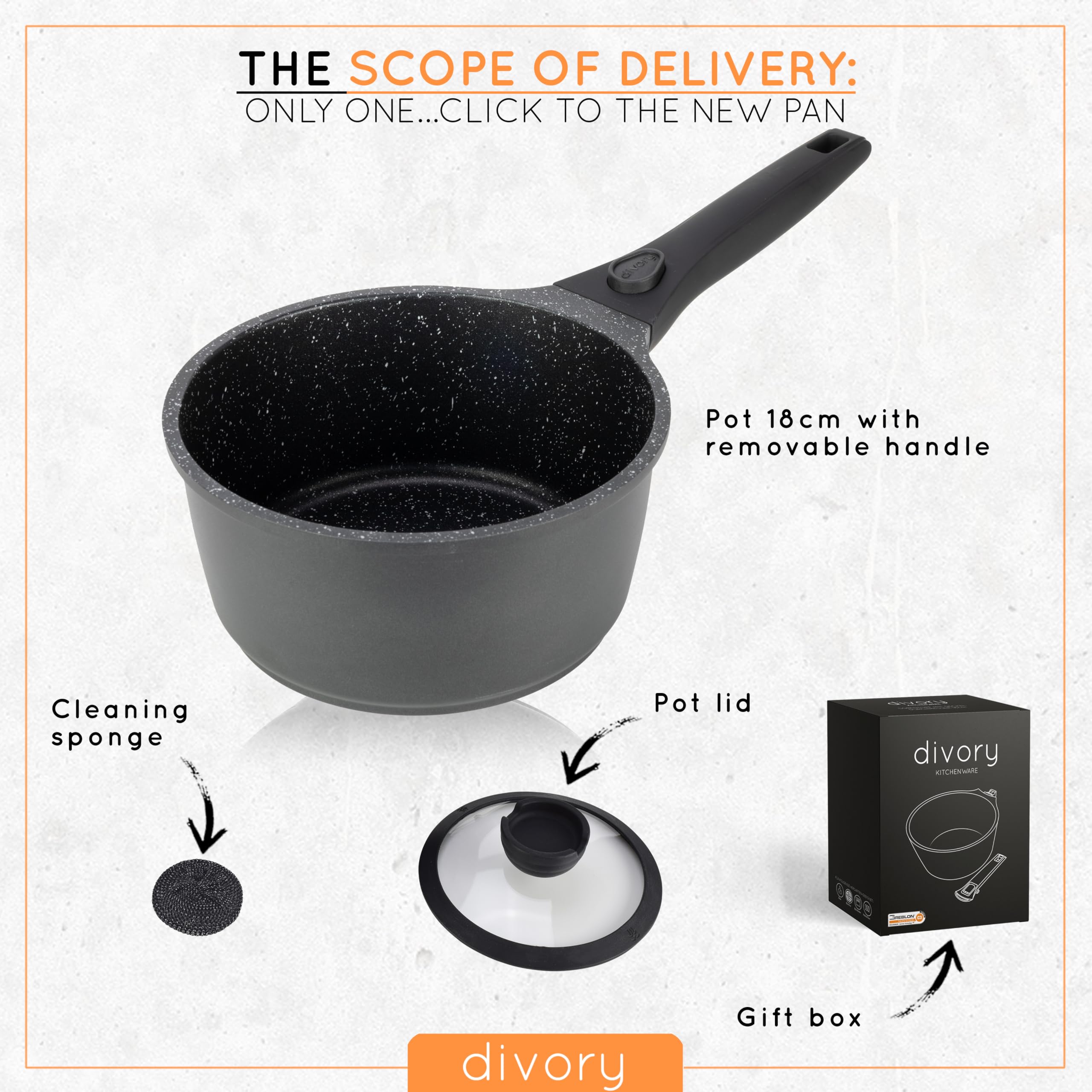 DIVORY Casseruola 18cm - 2L con coperchio - pentolino rivestito, manico rimovibile, adatto a induzione, lavastoviglie e forno