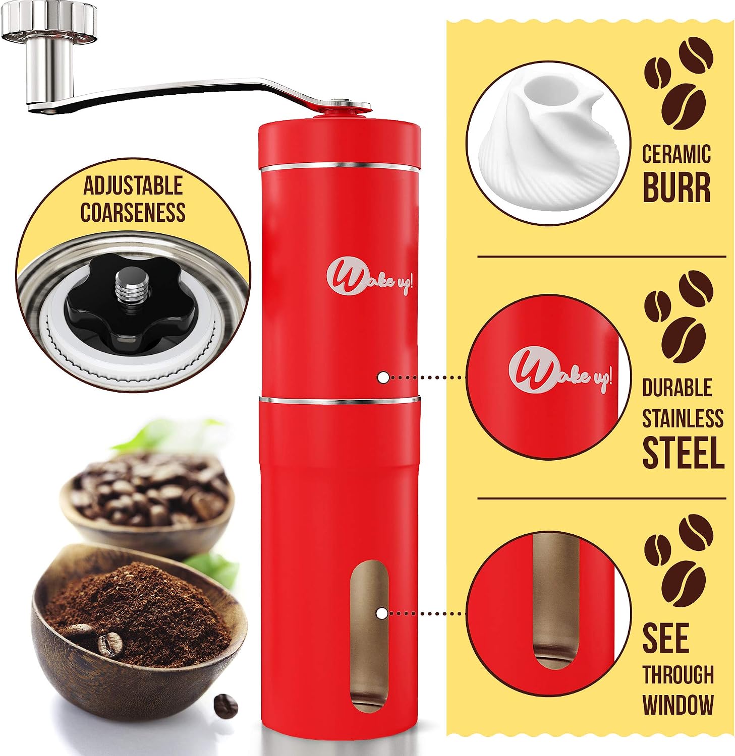 Wakeup! Conical Manual Coffee Grinder with Adjustable Coarseness Settings - Stainless Steel Hand Burr Coffee Grinder - Coffee Bean Mill for Kitchen, Travel and Camping - Brush & Scoop, Red