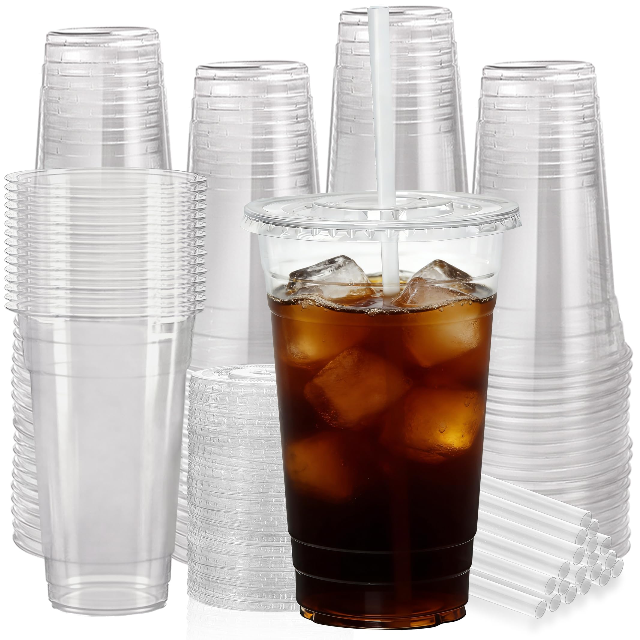cundao 100 Pack 24 oz Leak-Proof Clear Plastic Cups with Lids and Straws