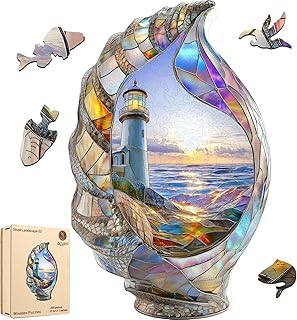 Delobil Lighthouse Wooden Puzzles for Adults, Shell Landscape Jigsaw Puzzles 200 Pieces, Unique Shape Puzzles for Adults and Kids, 13 x 8.2 Inches Medium Size, Fun Challenging Puzzles Family Game