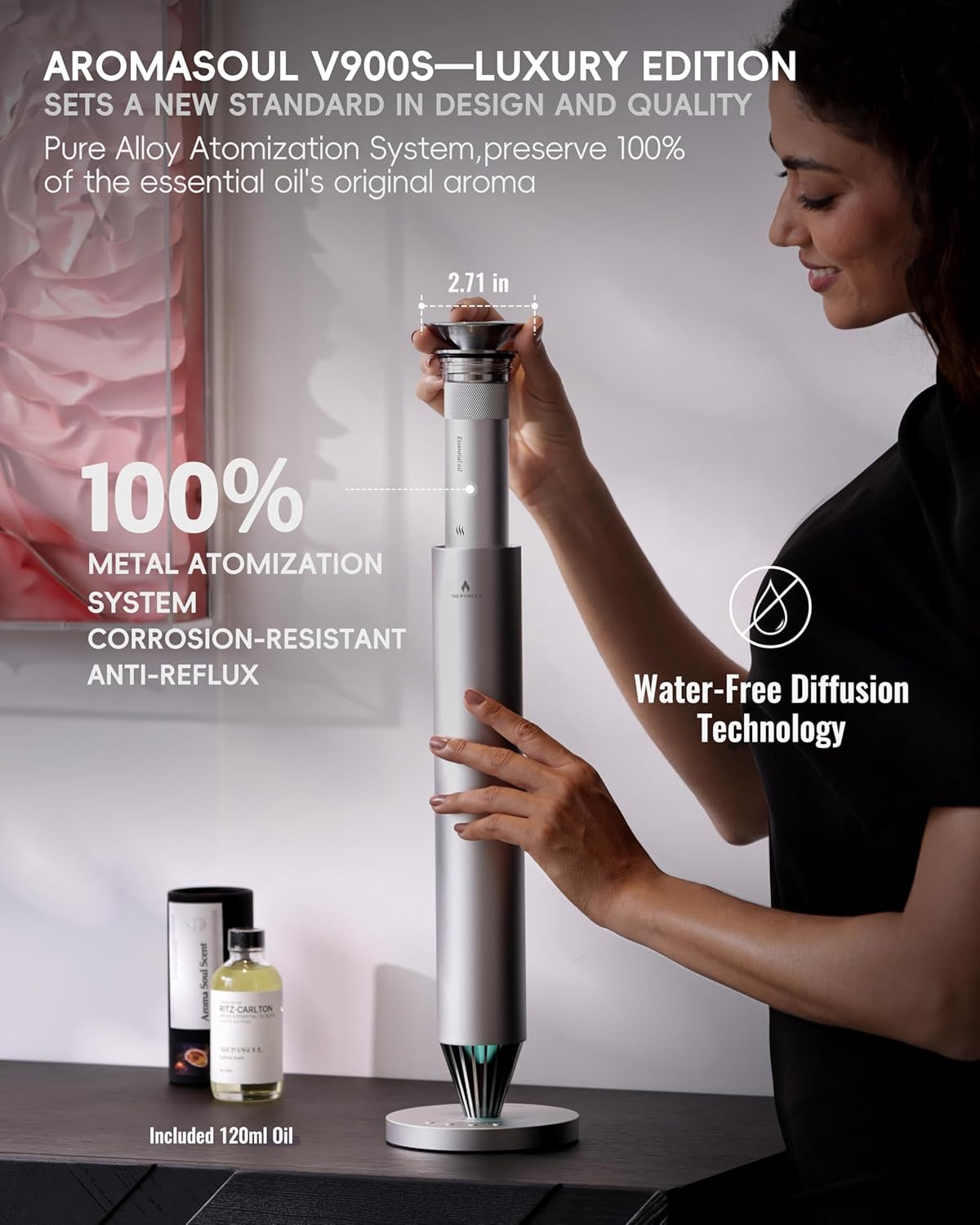 Waterless Scent Diffuser Starter Kit - 1500 Sq Ft Coverage, Alloy Atomization System,Mood Light,Smart Rechargeable Hotel Scent Diffuser, Including 120ml Essential Oil, for Home,Large Room,Spa,Silver - Image 3