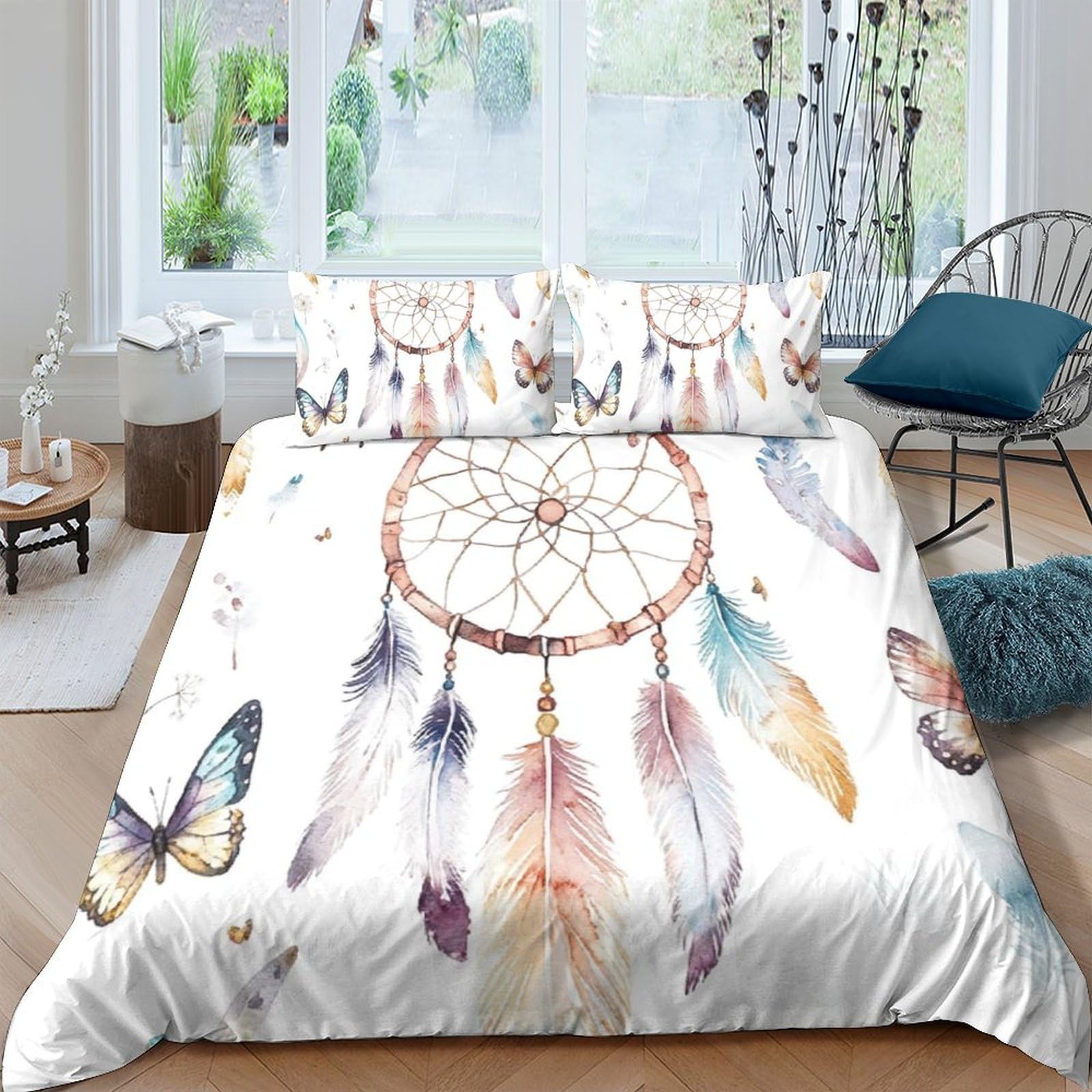Ctjqhvkz Style-4 3D Printed Dreamcatcher Fitted Sheet Microfiber Soft Feathers Mattress Cover Butterfly Bedroom Decor Anti-Slip Washable Single（135X200cm）