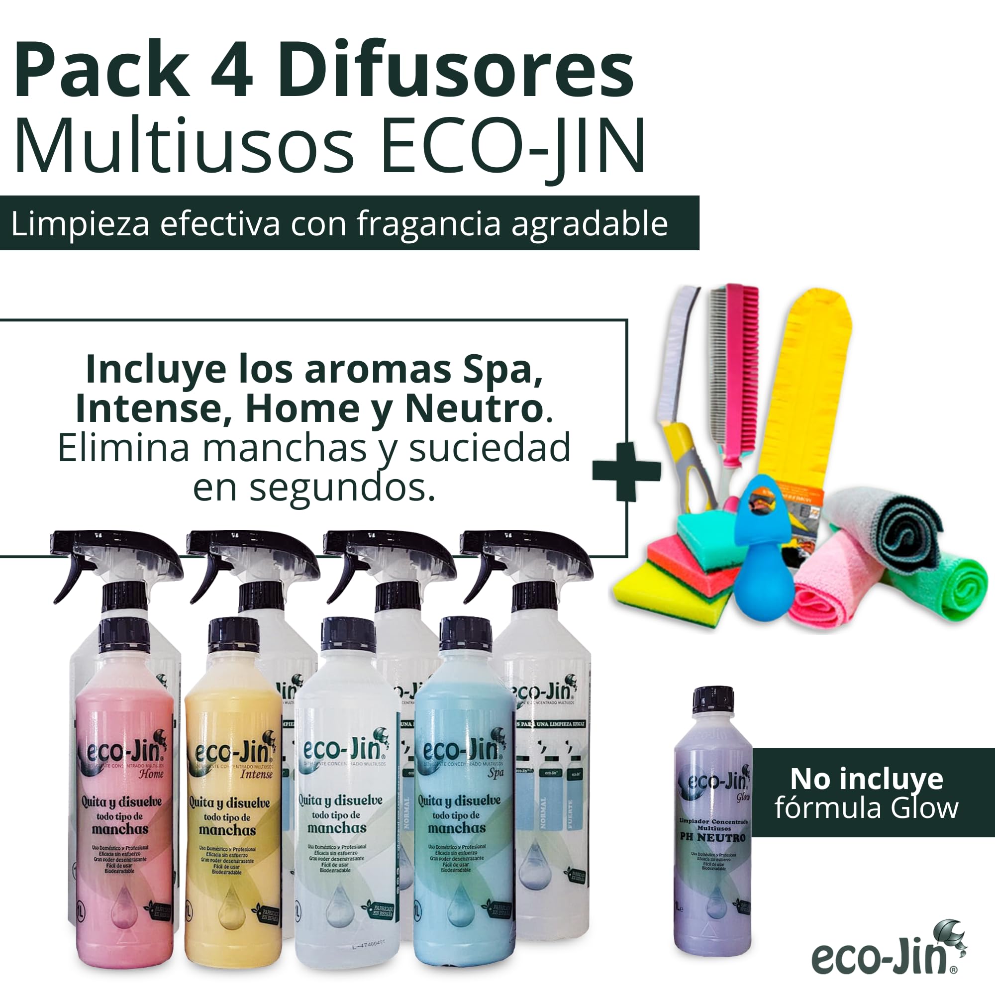 Eco-Jin Pack (SPA - Intense - Home - Neutro) | 4 Difusores | Plumero | Cepillo Juntas Amarillo | Cepillo Textil Rosa | 4 Bayetas Microfibra | 4 Estropajos con Esponja | Bola Descalcificadora