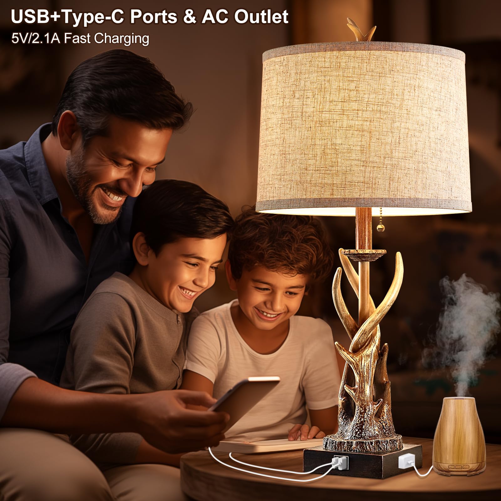 Set di 2 lampade da tavolo rustiche con corna di cervo, per camera da letto, casale, comodino, con porte USB A+C, per soggiorno, tavolo da caccia a tema, lampada da cabina con catena a tirante