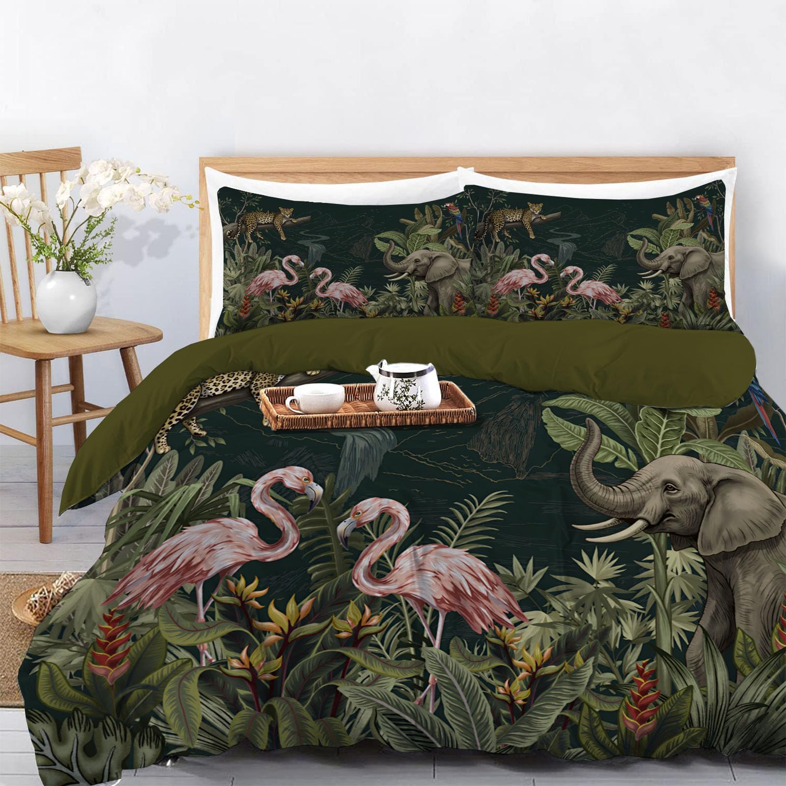 Linge de lit 2 personnes forêt tropicale rouge et vert pour une chambre exotique