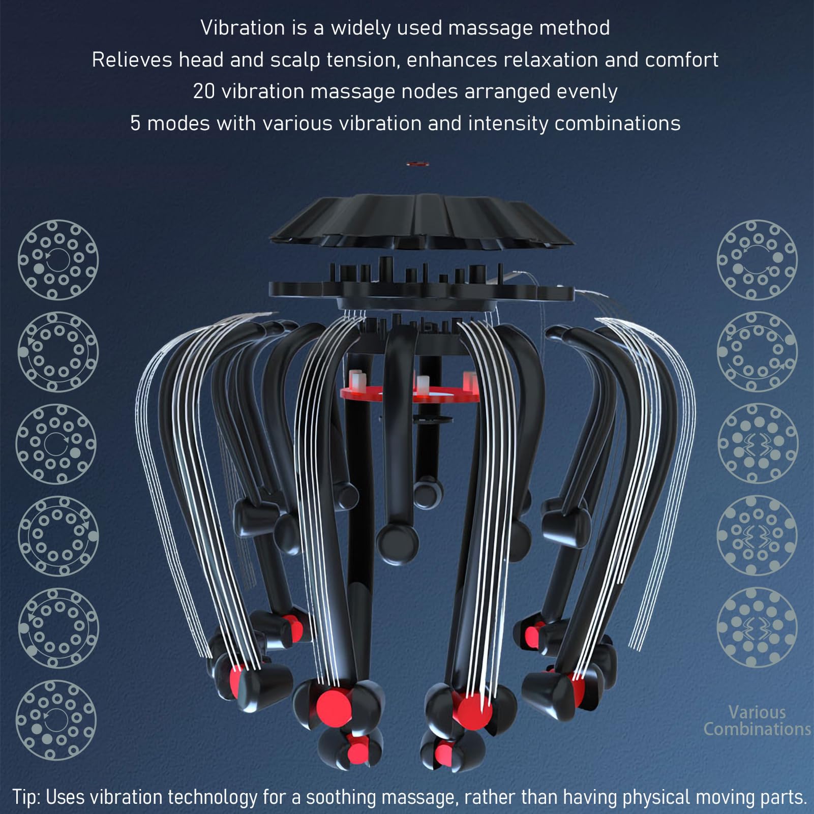 Masajeador eléctrico del cuero cabelludo con luz roja – Masajeador de cabeza de pulpo para relajarse, 20 garras multiconfiguración, nodos vibratorios, 5 modos, música Bluetooth, crecimiento