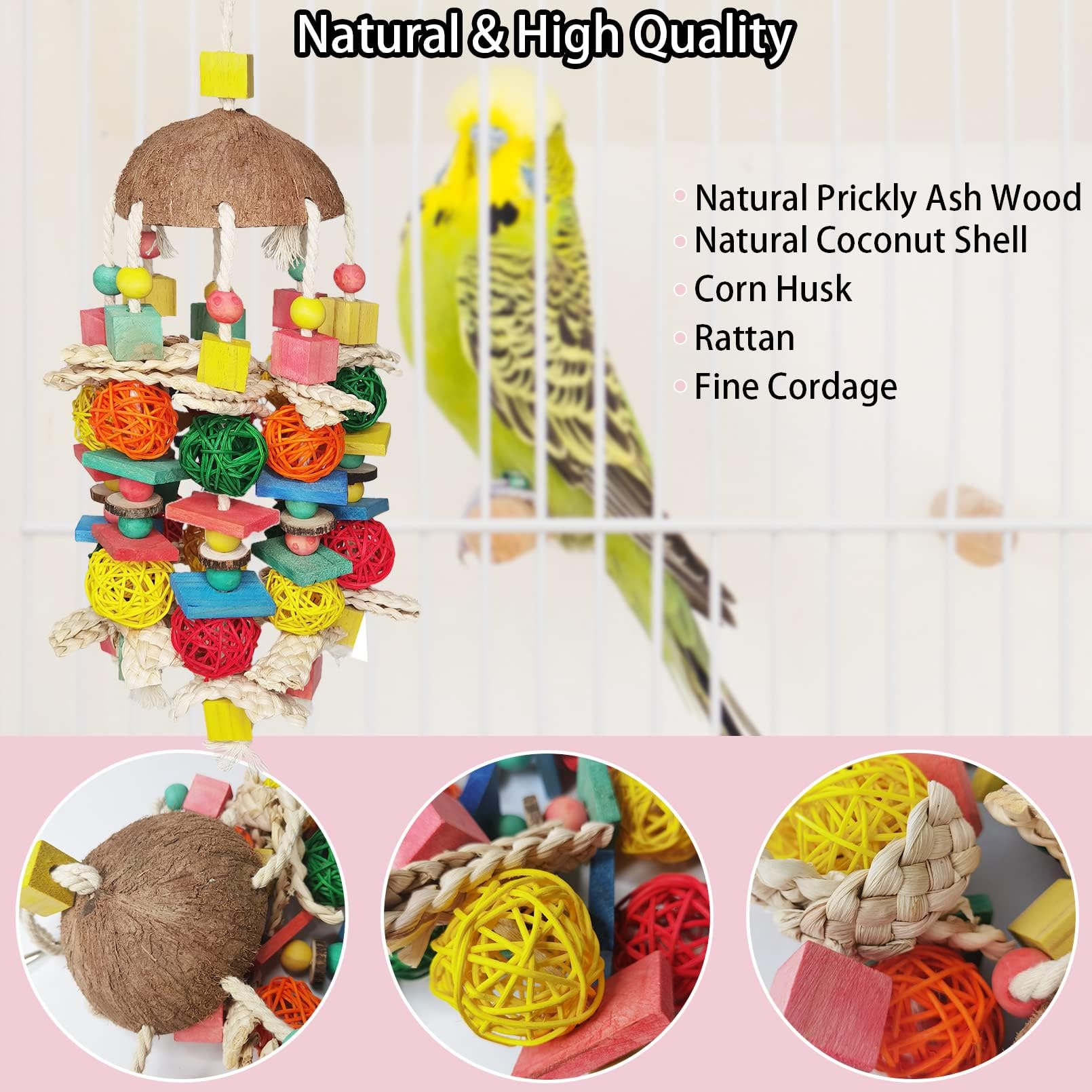 BBjinronjy Juguetes Grandes Para Masticar Pájaros, Nueces Naturales, Loofa, Jaula De Madera Para Pájaros Grises Africanos, Guacamayos, Conure, Cokatoos, Cacatúas, Loros Amazónicos Y Otros Pájaros