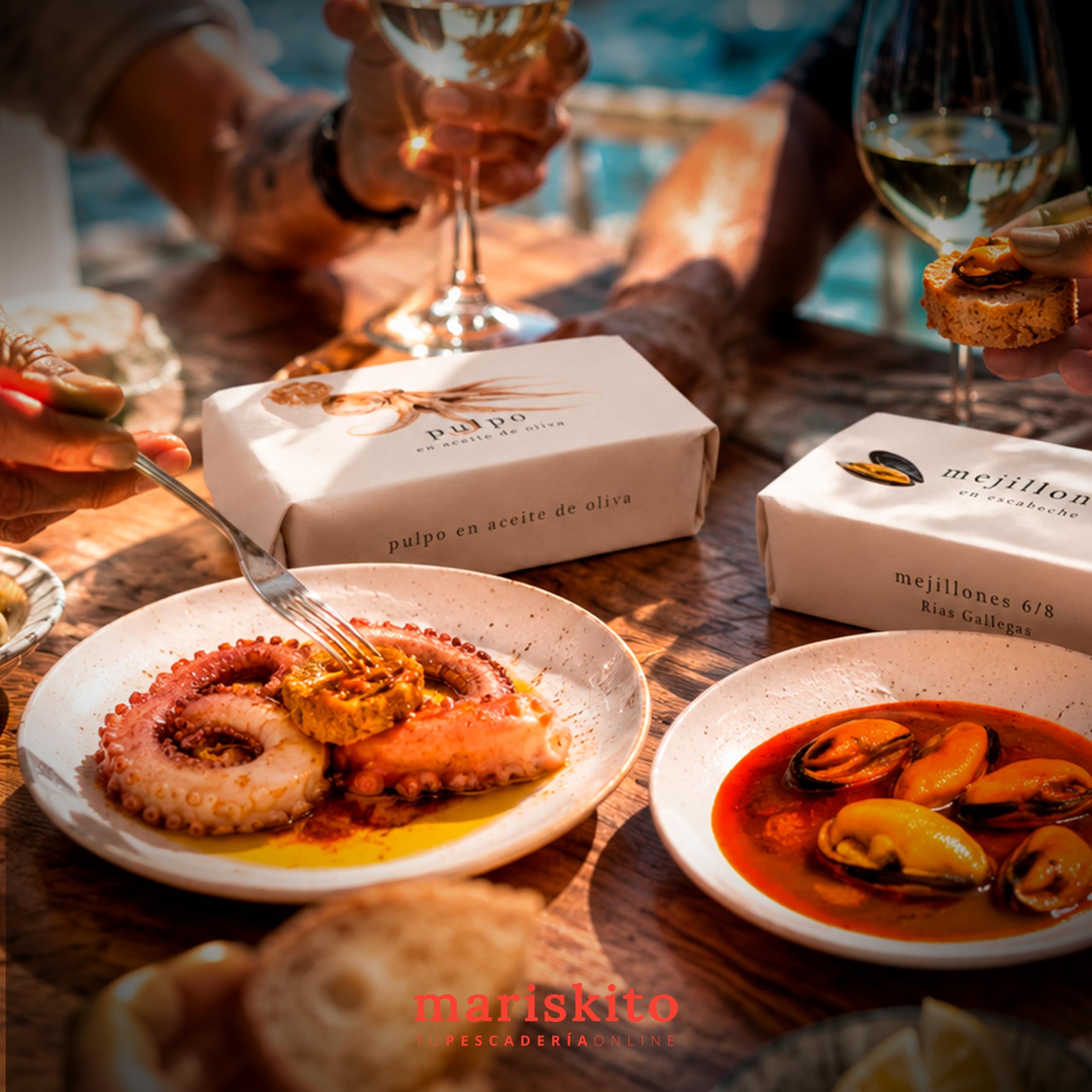 MARISKITO | Pack Conservas Gourmet Gallegas “La Mar de Sensaciones” – Caja Regalo - 6 Conservas Premium – Mejillones, Pulpo, Navajas, Zamburiñas, Ventresca y Sardinillas – Estuche Delicatessen