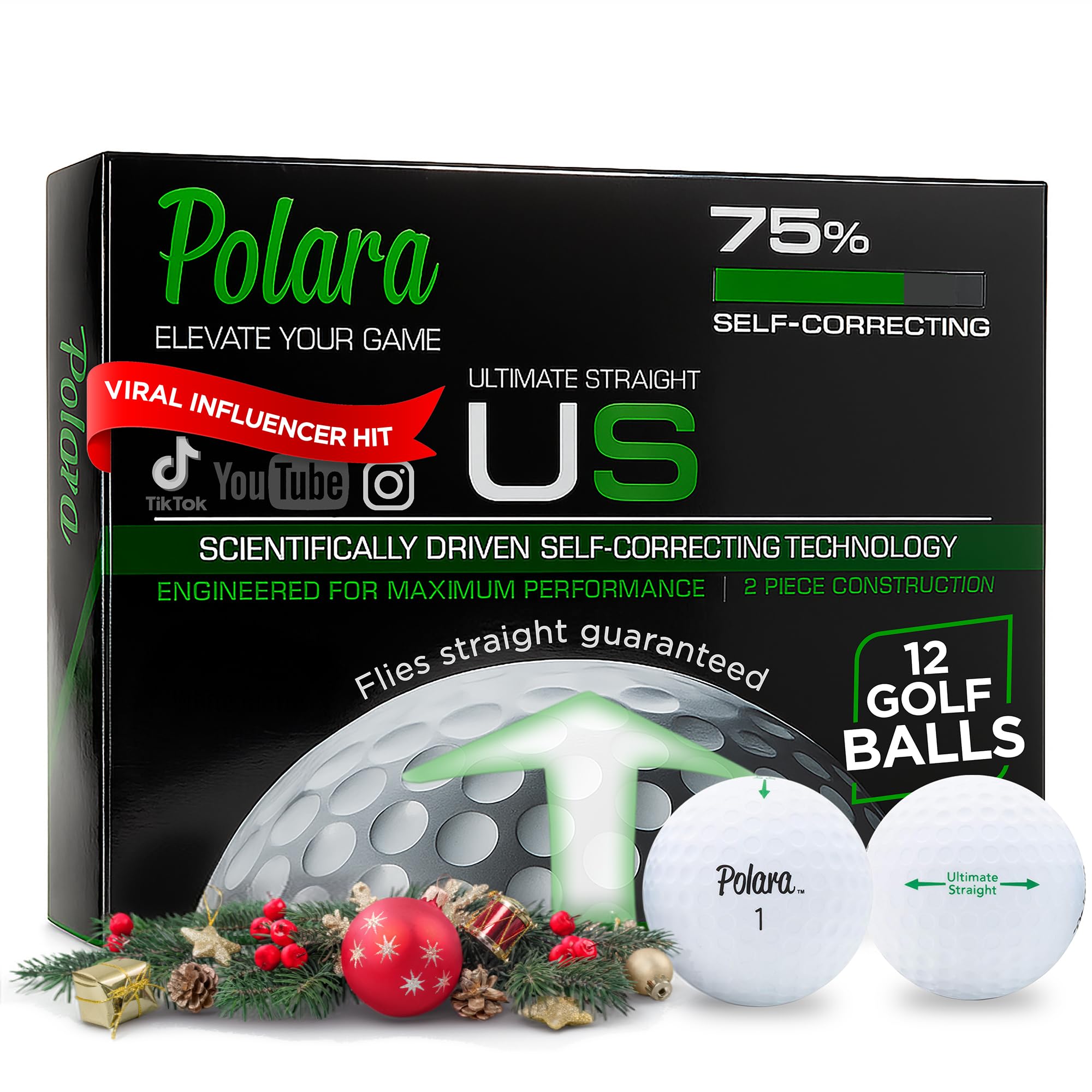 Polara Ultimate Straight, Extra Spin & Distance Premium Golf Balls | Hook & Slice Correction | Perfect for Recreational Golfers | 1 Dozen Balls