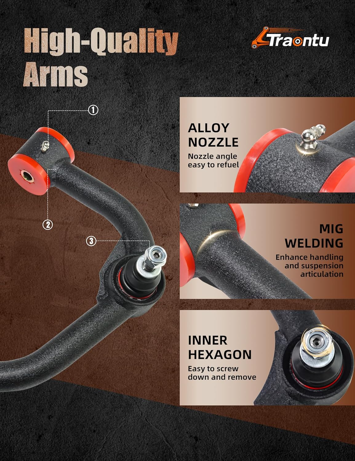 Upper Control Arms for 2004–2020 Ford F-150 2WD 4WD, 2–4 Inch Lift Tubular Upper Control Arms, 1.25" DOM Steel, High-Angle Ball Joint with Aluminum Dust Cap, Wrinkle Black