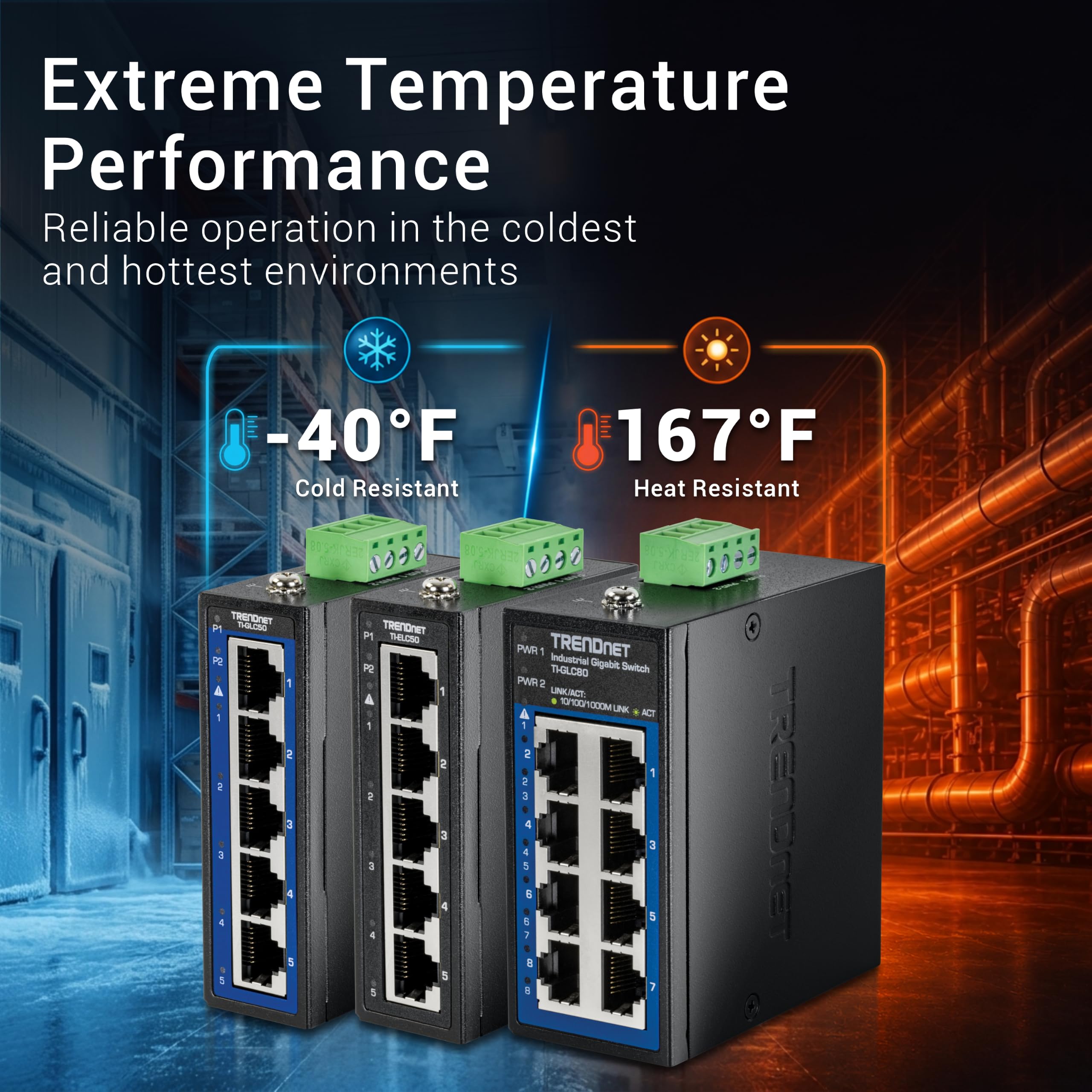 TRENDnet Mini commutateur Industriel Gigabit DIN-Rail 8 Ports, TI-GLC80, 8 Ports Gigabit, température extrême IP30, capacité de Commutation 16 Gbit/s, Noir