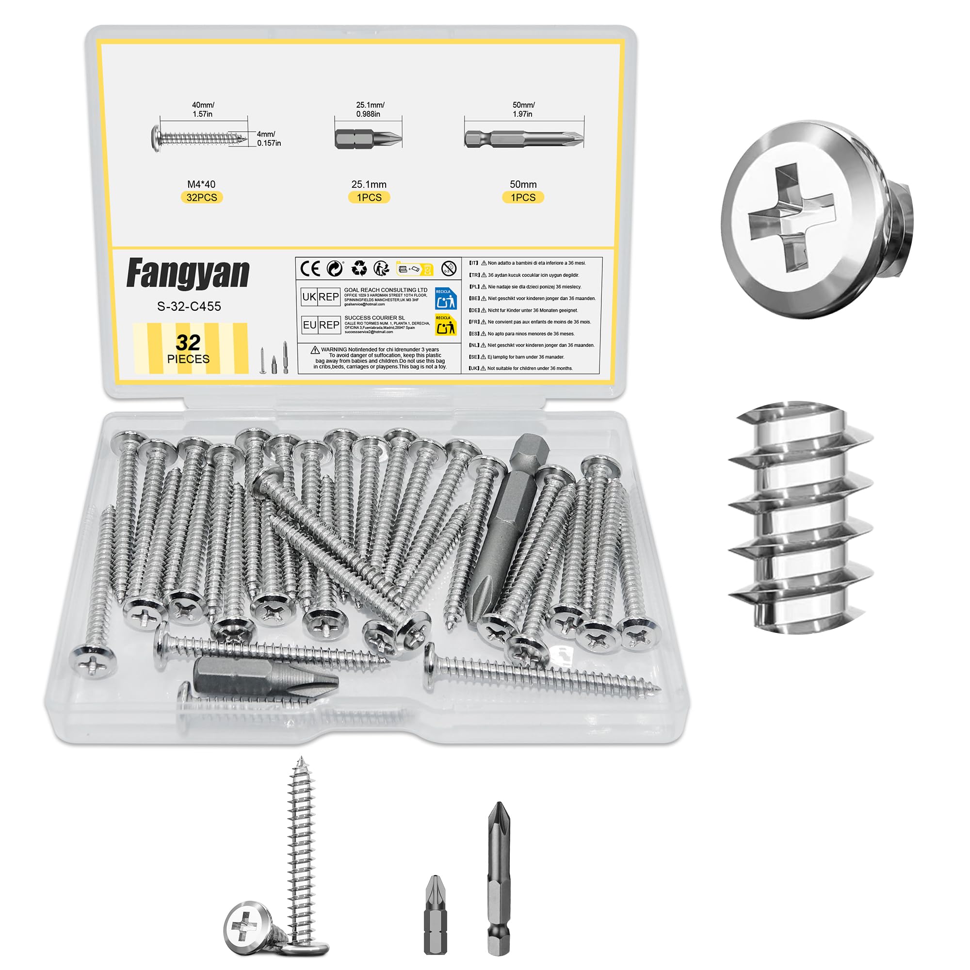 Fangyan 32PCS M4 x 40mm Phillips Cross Flat Head Self Tapping Wood Screws, 304 Stainless Steel Fasteners with 2 Magnetic Screwdriver Bits for Furniture Assembly, Cabinets & DIY Wood Repairs