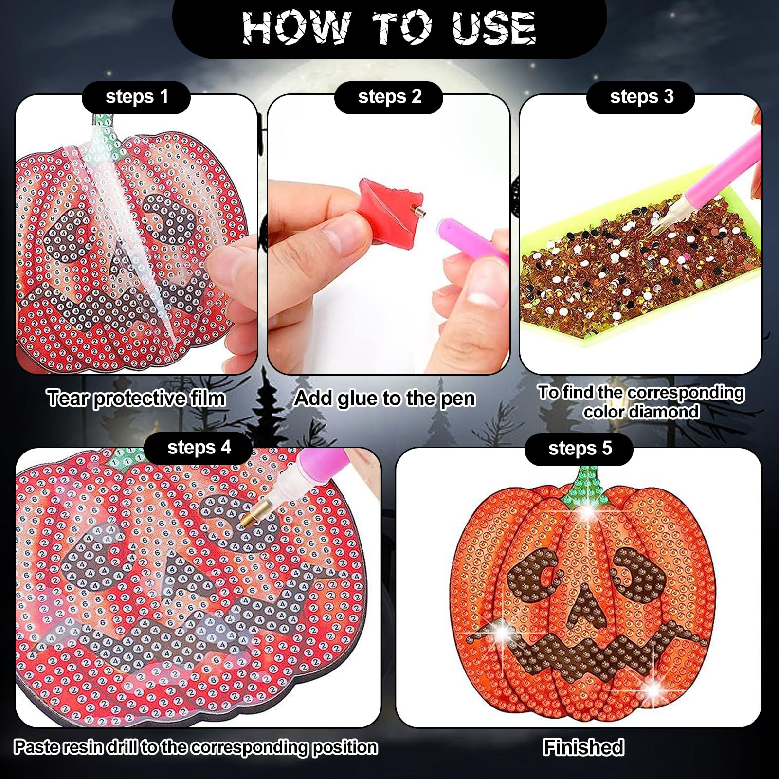 8 Halloween-Diamant-Untersetzer Set - Mit Halter, DIY, Kork-Unterseite, Inkl. Zubehör