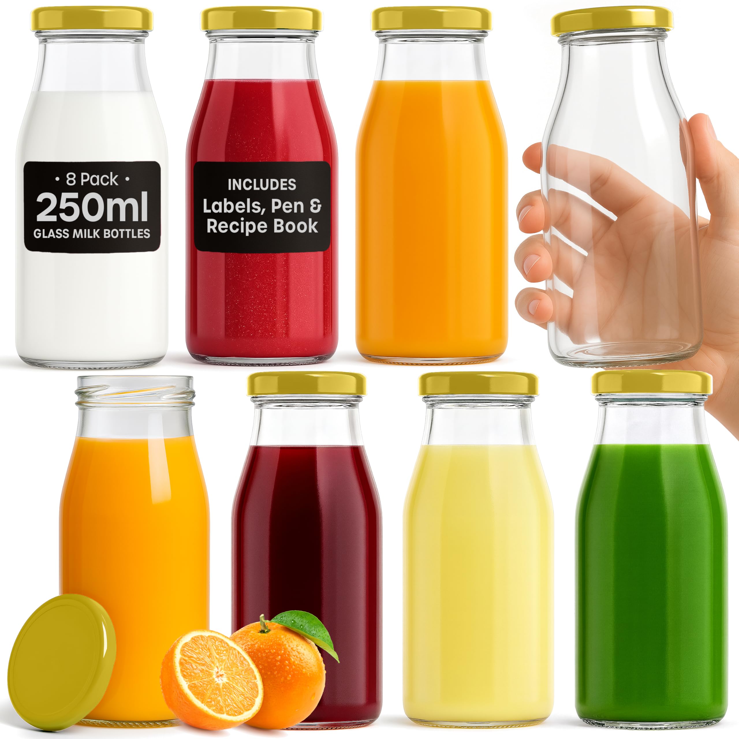 volila Glass Milk Bottles with Lids - 8 Pack x 250ml Glass Bottles with Lids, Labels, and Pen - Reusable Milk Bottle for Juices, Dressings, Sauces, Beverages, Decoration and Storage (Gold Lid)