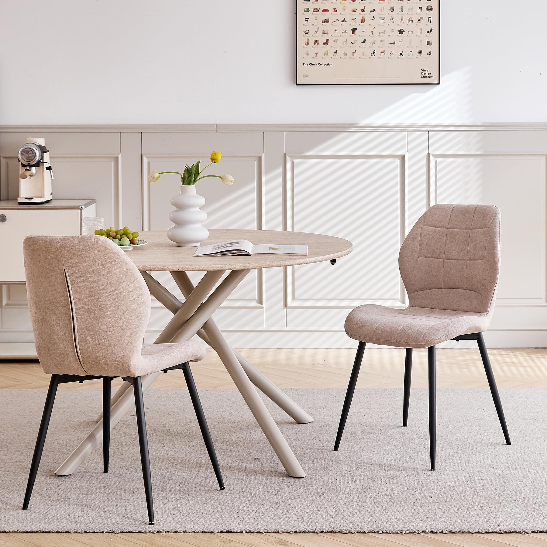 GrandCA HOME Juego de Comedor de Estilo nórdico Mesa Redonda de 115 cm con 4 sillas de Comedor tapizadas en Lino Ideal para Cocina, Comedor y Sala de Estar (Amarillo Claro + Beige)
