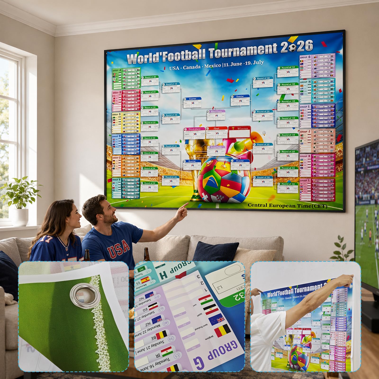 Affiche du Calendrier de la Coupe du Monde de Football 2026, 150 x 100cm, 48 Pays