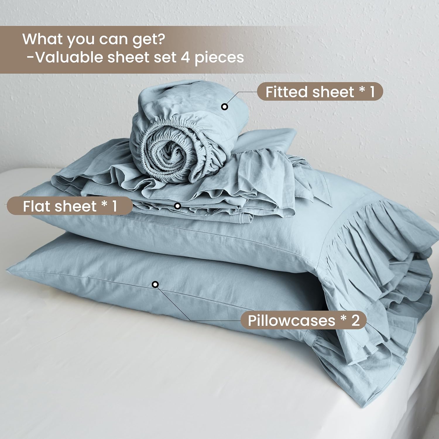 Belgian Linen Sheet Set with Long Ruffles 4pcs (1 Flat Sheet, 1 Fitted Sheet & 2 Pillowcases) Solid Shabby Vintage Chic Country Style Frilled Farmhouse Bed Sheet (Long-Dusty Blue, Queen)
