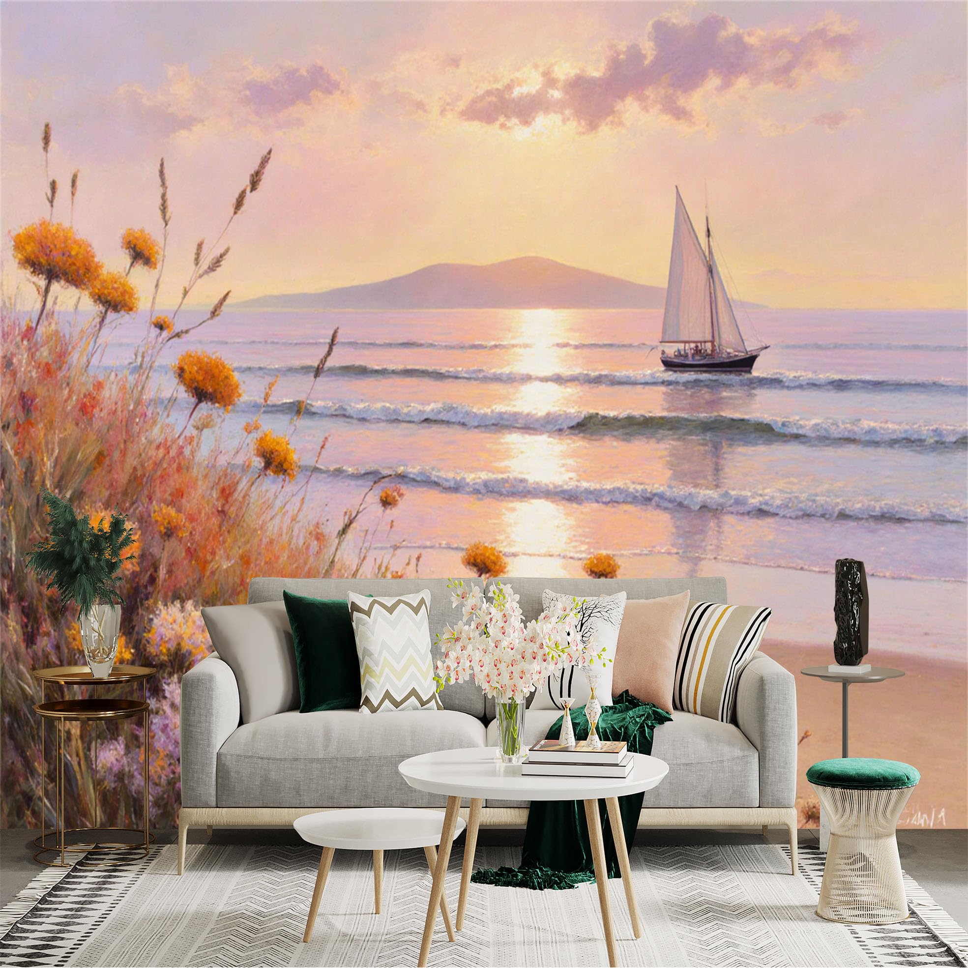 Lnzczhyre Xc260505555 Custom Size Wall Sticker Mural， Sailboat At Sunset， Calm Ocean View， Coastal Wildflowers And Beach， Serene Seascape， For Wall Decoration， Peelandstick Wall Decals.